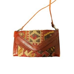 Crossbody Small Brown Leather  Boho Southwestern Fabric Wallet Clutch
